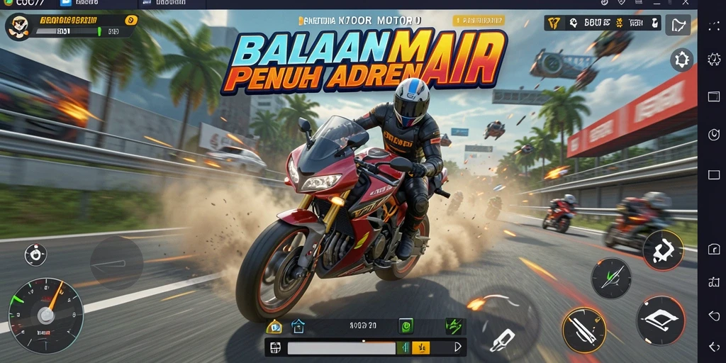 Tampilan utama gameplay COO77 dengan motor balapan penuh aksi.