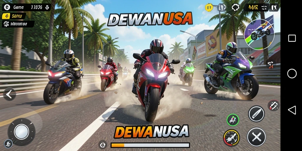 Screenshot gameplay DEWANUSA yang menampilkan balapan motor yang mendebarkan.