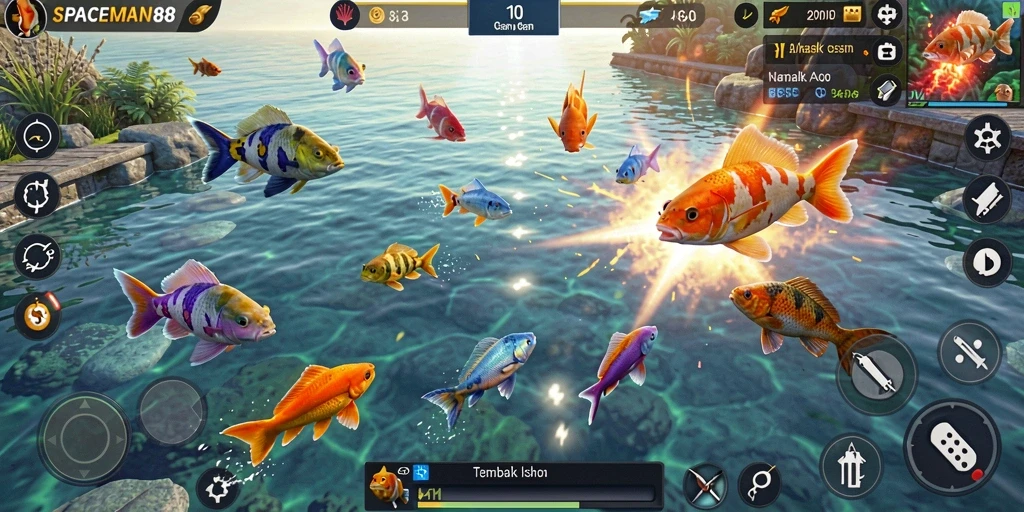 Gameplay seru dalam SPACEMAN88 dengan berbagai ikan untuk ditembak.