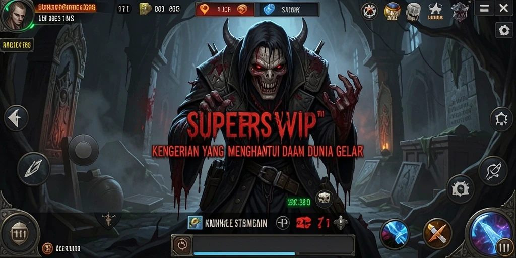 Tangkapan layar utama SUPERSVIP menampilkan suasana gelap dan mencekam.